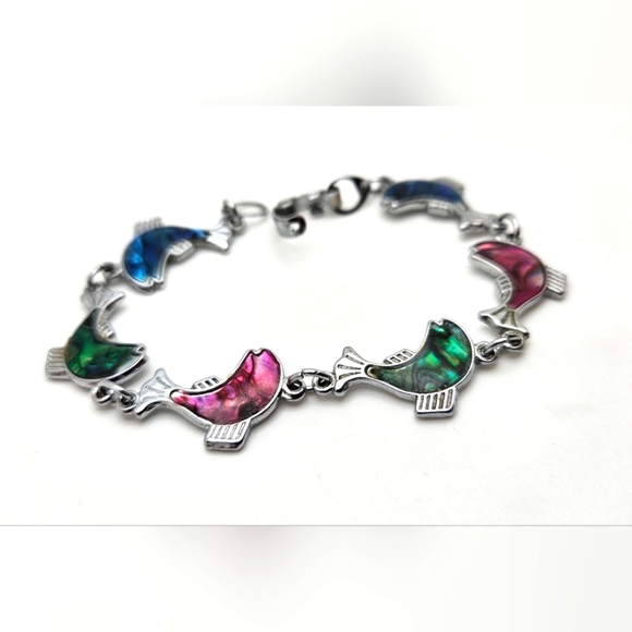 🟢3/$19🟢 Abalone Silver Mother of Pearl Fish Chain Bracelet - Picture 1 of 5